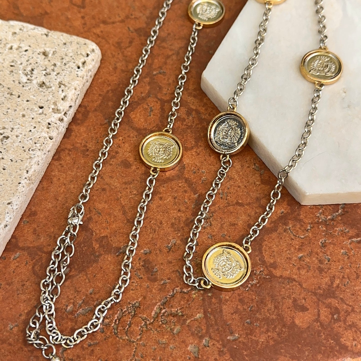 Estate Gold-Tone Queen Elizabeth The Second Replica Coin Bezel Long Station Necklace