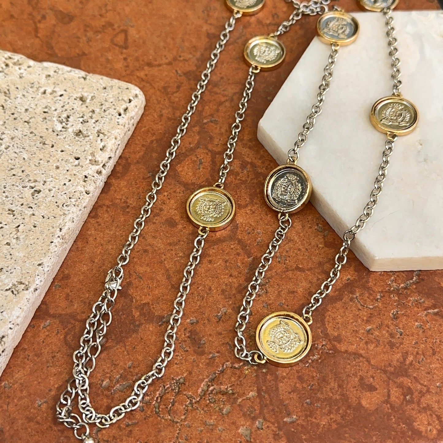 Estate Gold-Tone Queen Elizabeth The Second Replica Coin Bezel Long Station Necklace