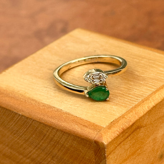 14KT Yellow Gold Pear Emerald + Baguette Diamond Bypass Ring
