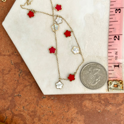 14KT Yellow Gold Red Enamel + Mother of Pearl 7mm Flower Station Necklace