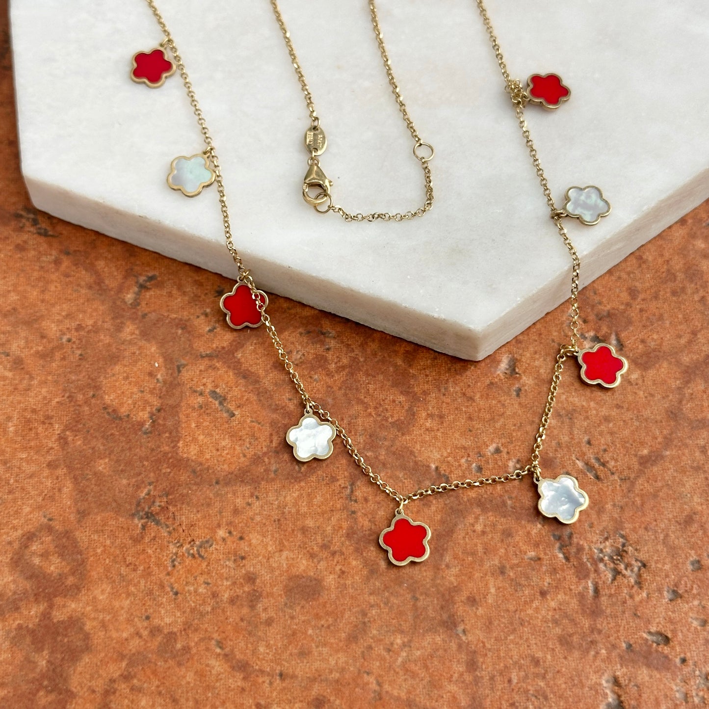 14KT Yellow Gold Red Enamel + Mother of Pearl 7mm Flower Station Necklace