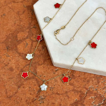 14KT Yellow Gold Red Enamel + Mother of Pearl 7mm Flower Station Necklace