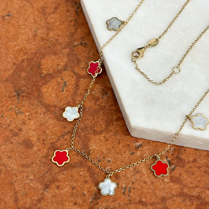 14KT Yellow Gold Red Enamel + Mother of Pearl 7mm Flower Station Necklace