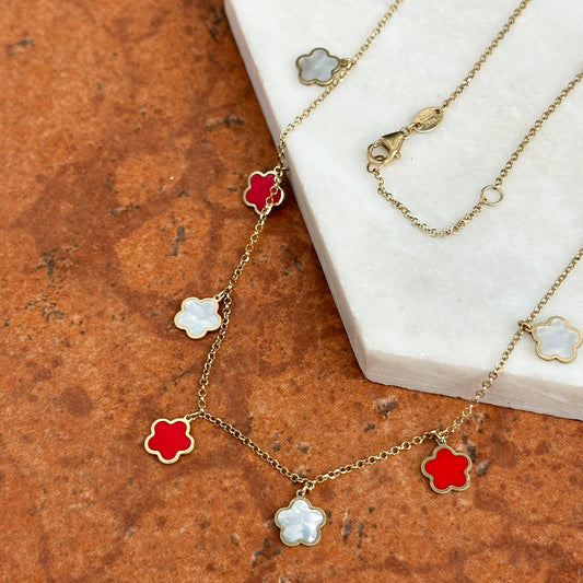 14KT Yellow Gold Red Enamel + Mother of Pearl 7mm Flower Station Necklace