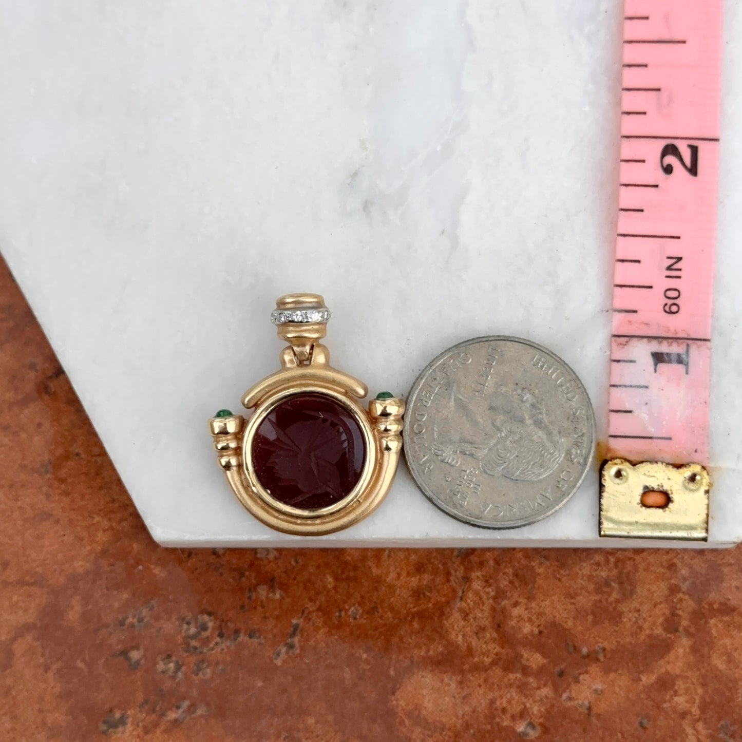 Estate 14KT Yellow Gold Intaglio Carnelian + Diamond Pendant