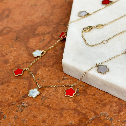 14KT Yellow Gold Red Enamel + Mother of Pearl 7mm Flower Station Necklace