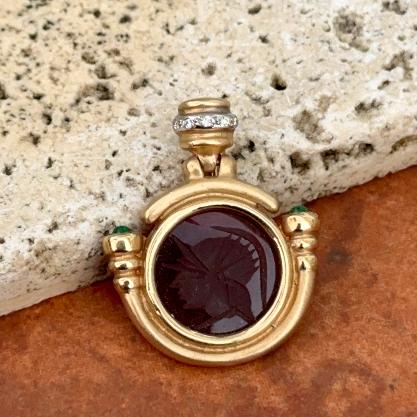 Estate 14KT Yellow Gold Intaglio Carnelian + Diamond Pendant