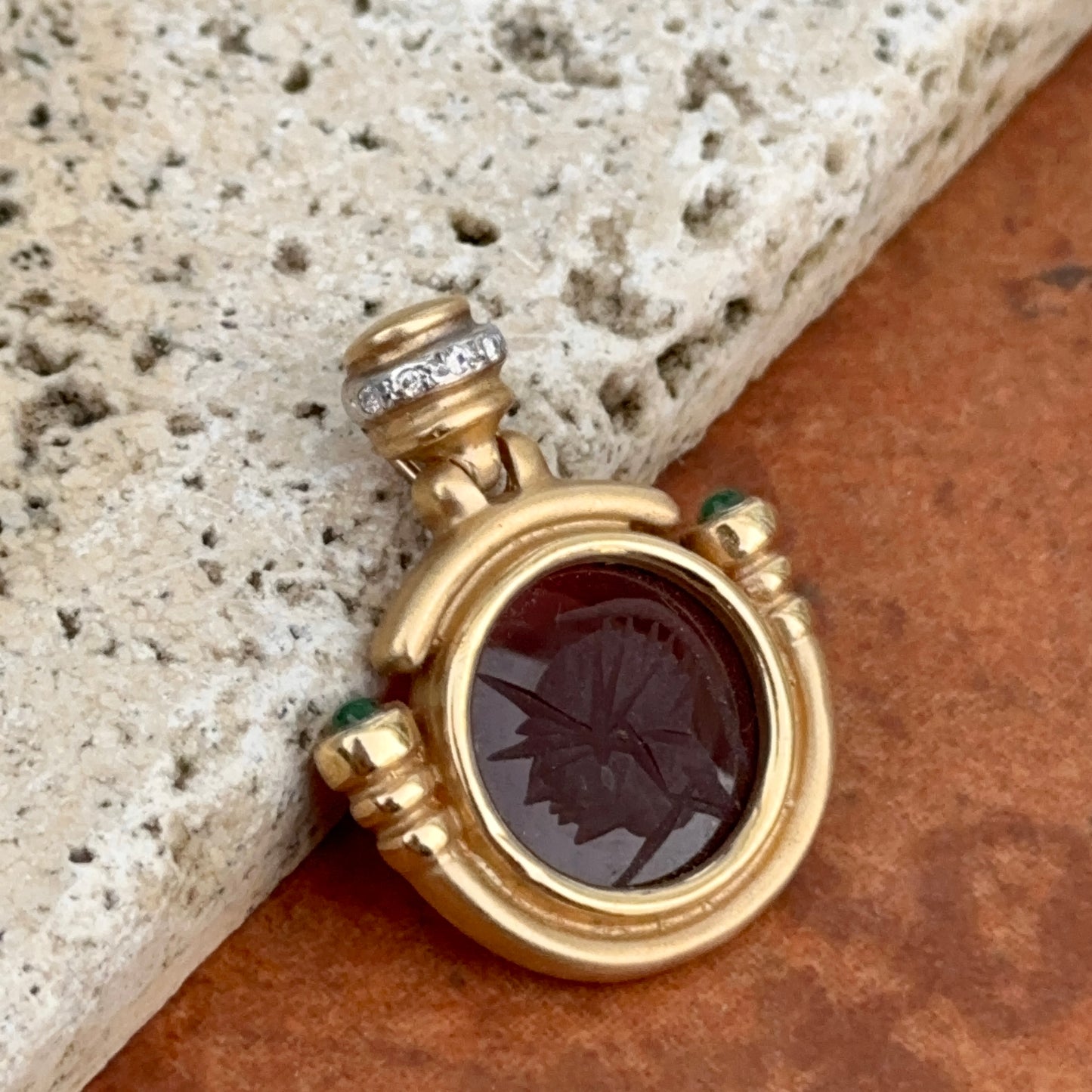 Estate 14KT Yellow Gold Intaglio Carnelian + Diamond Pendant