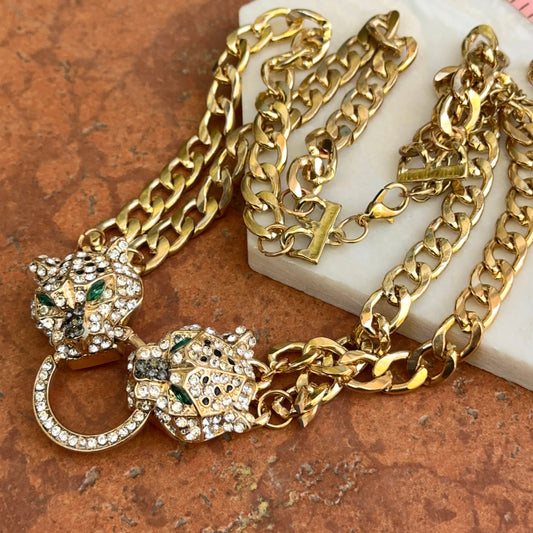 Estate Gold-Tone Rhinestone Double Tiger Head Chain Necklace