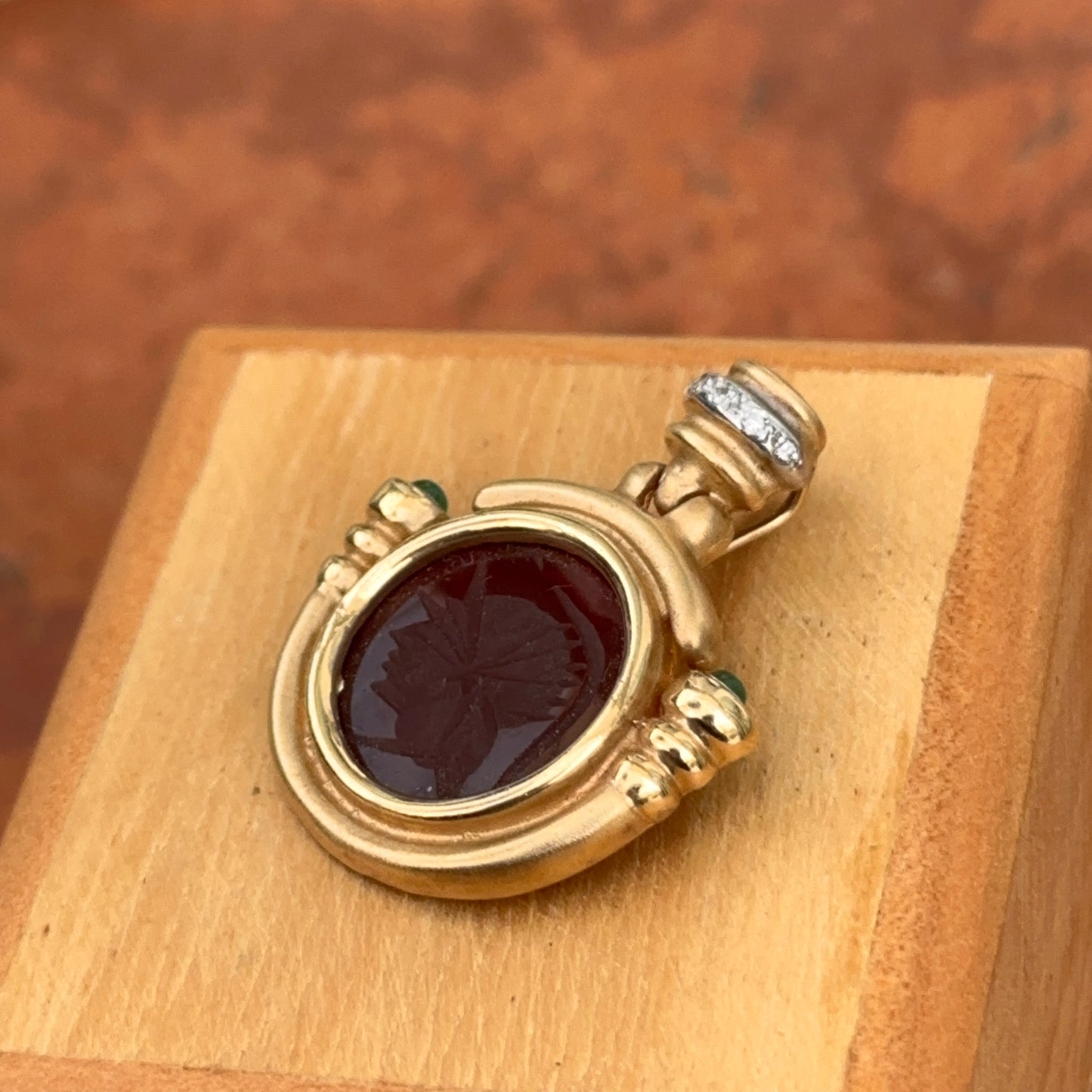 Estate 14KT Yellow Gold Intaglio Carnelian + Diamond Pendant