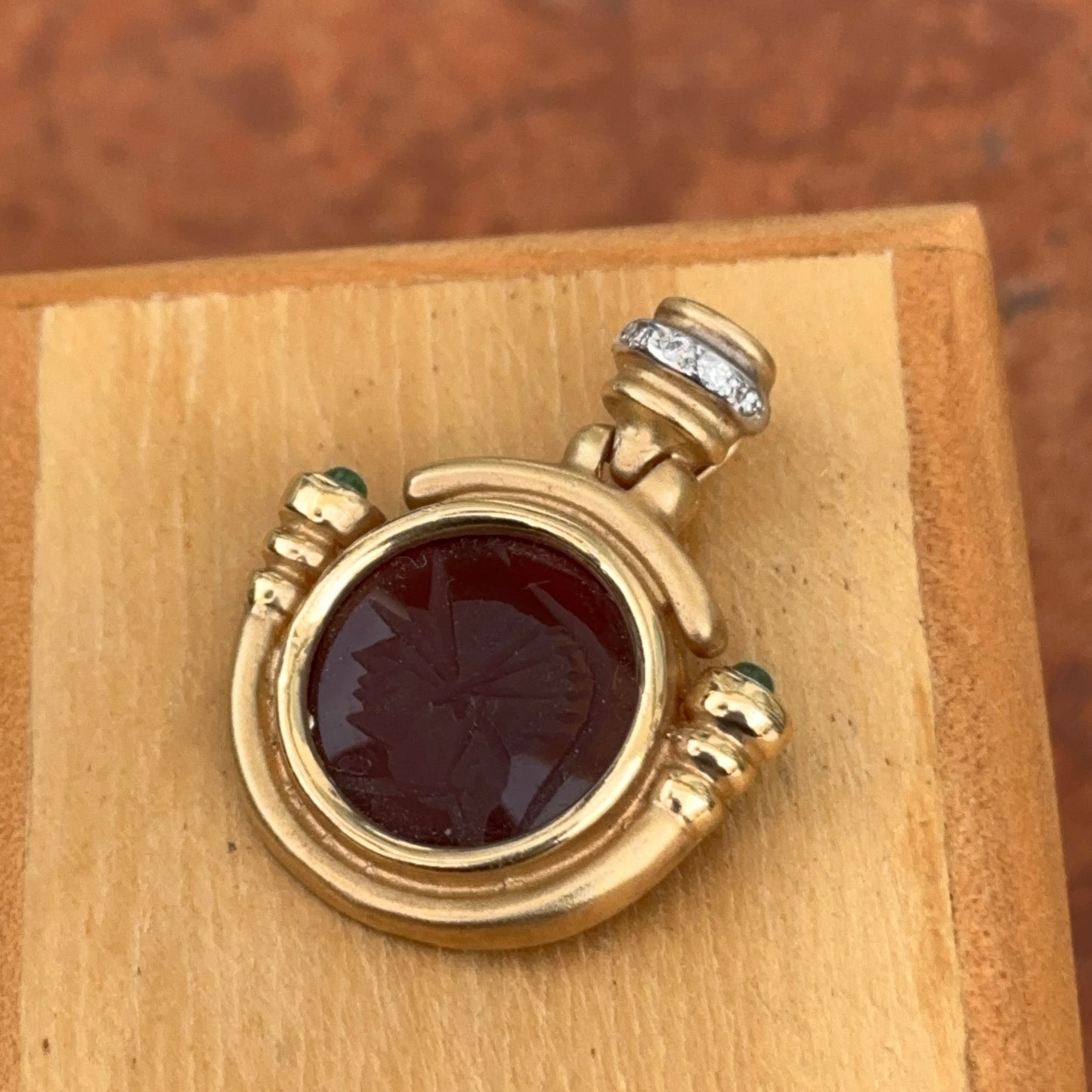 Estate 14KT Yellow Gold Intaglio Carnelian + Diamond Pendant