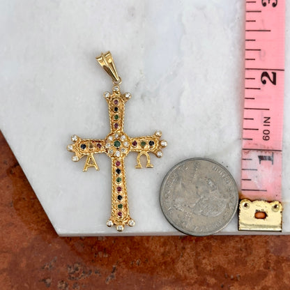 Estate 18KT Yellow Gold Alpha Omega Gemstone Cross Pendant