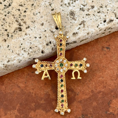 Estate 18KT Yellow Gold Alpha Omega Gemstone Cross Pendant