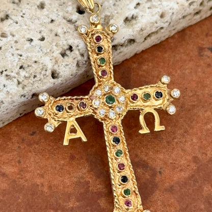 Estate 18KT Yellow Gold Alpha Omega Gemstone Cross Pendant