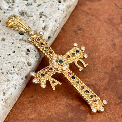 Estate 18KT Yellow Gold Alpha Omega Gemstone Cross Pendant