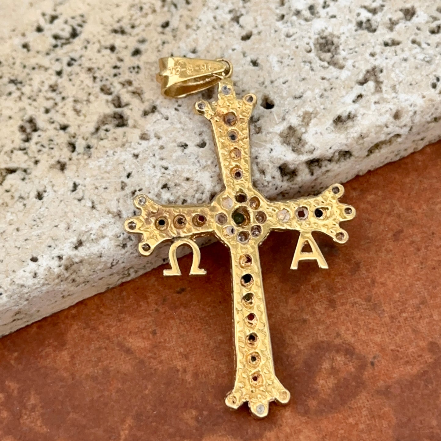 Estate 18KT Yellow Gold Alpha Omega Gemstone Cross Pendant