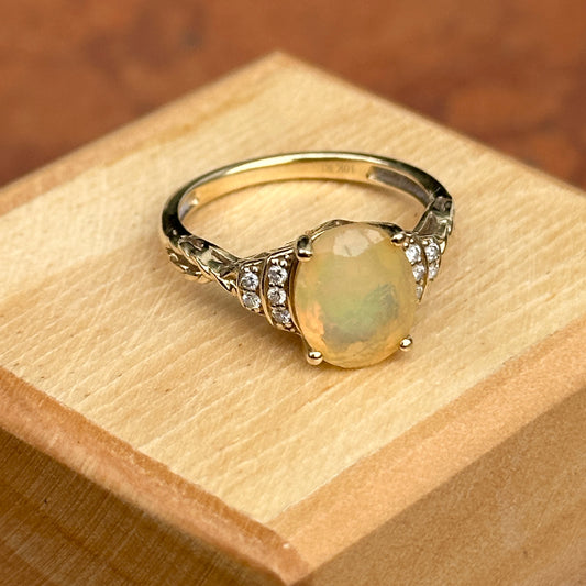 Estate 10KT Yellow Gold Oval Opal + Diamond Accent Ring