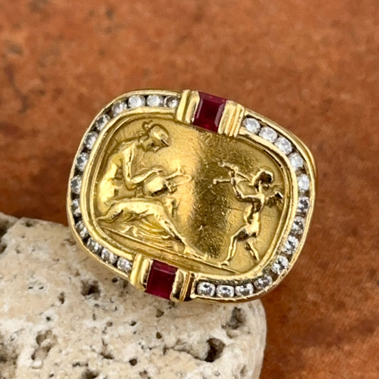 Estate 18KT Yellow Gold Siedengang Diamond+ Ruby Intaglio Ring