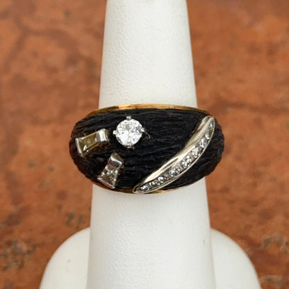 Estate 18KT Yellow Gold Carved Wood + Diamond Dome Ring