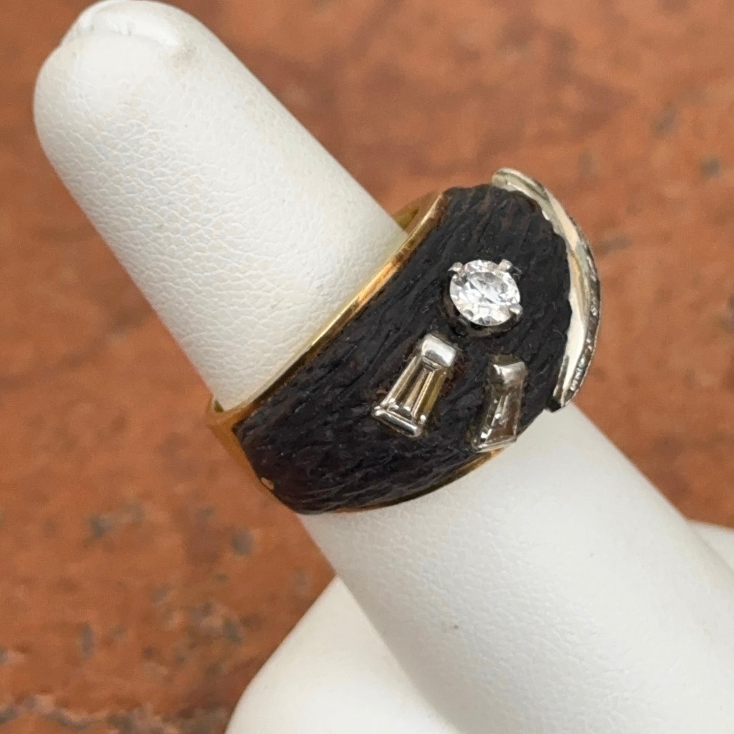 Estate 18KT Yellow Gold Carved Wood + Diamond Dome Ring