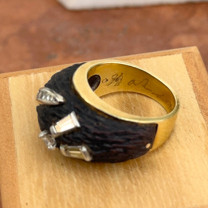 Estate 18KT Yellow Gold Carved Wood + Diamond Dome Ring