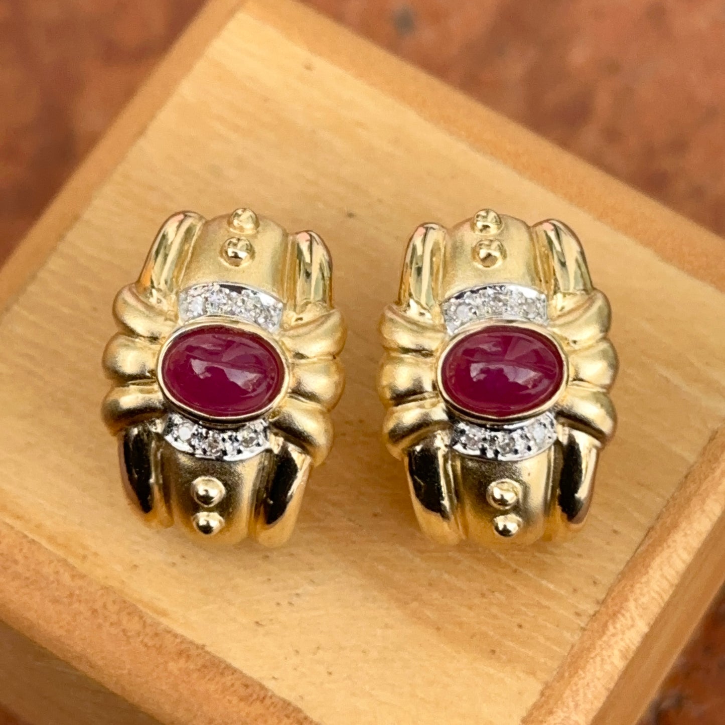 Estate 14KT Yellow Gold Etruscan Ruby + Diamond Matte Omega Back Earrings