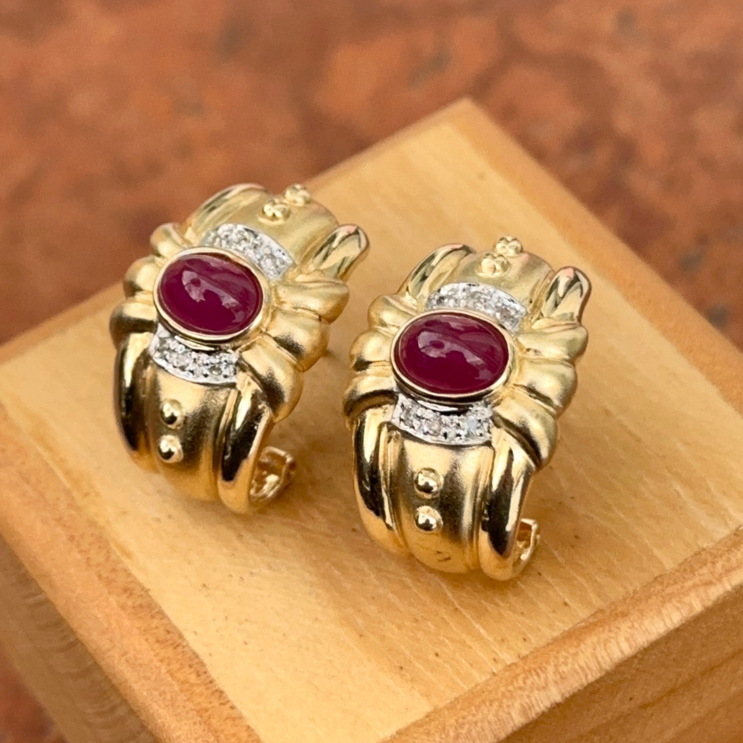 Estate 14KT Yellow Gold Etruscan Ruby + Diamond Matte Omega Back Earrings