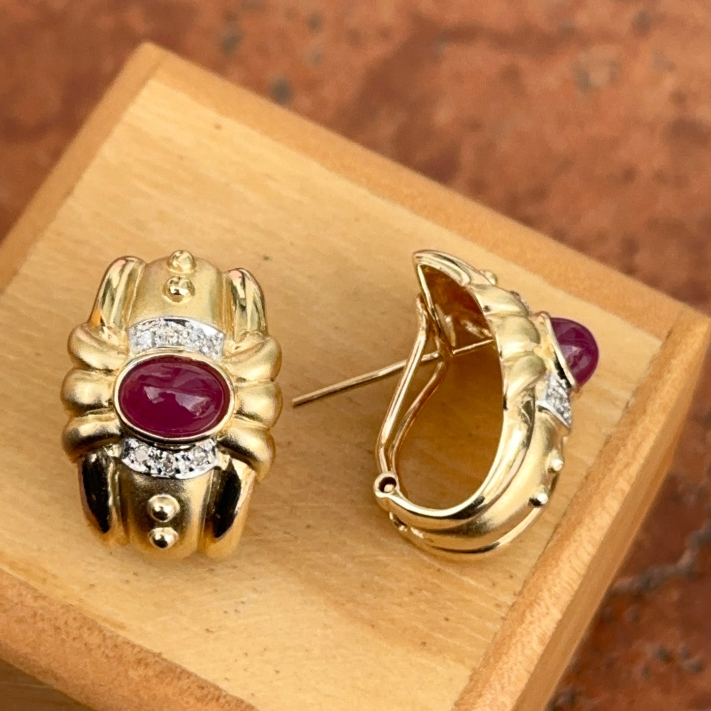 Estate 14KT Yellow Gold Etruscan Ruby + Diamond Matte Omega Back Earrings