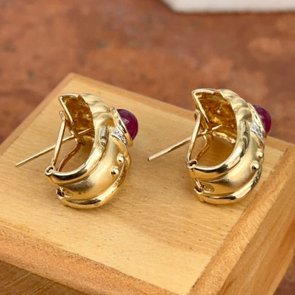 Estate 14KT Yellow Gold Etruscan Ruby + Diamond Matte Omega Back Earrings