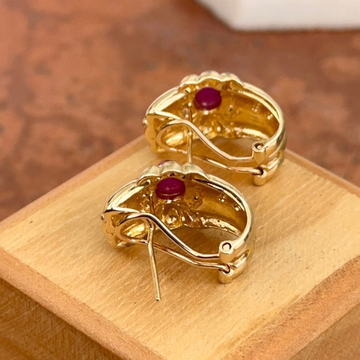 Estate 14KT Yellow Gold Etruscan Ruby + Diamond Matte Omega Back Earrings