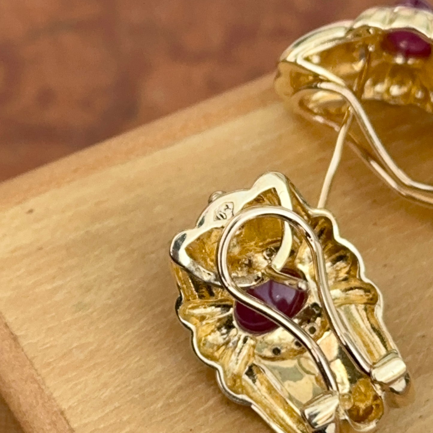 Estate 14KT Yellow Gold Etruscan Ruby + Diamond Matte Omega Back Earrings