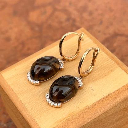 Estate 14KT Rose Gold Smokey Quartz + Diamond Lever Back Earrings