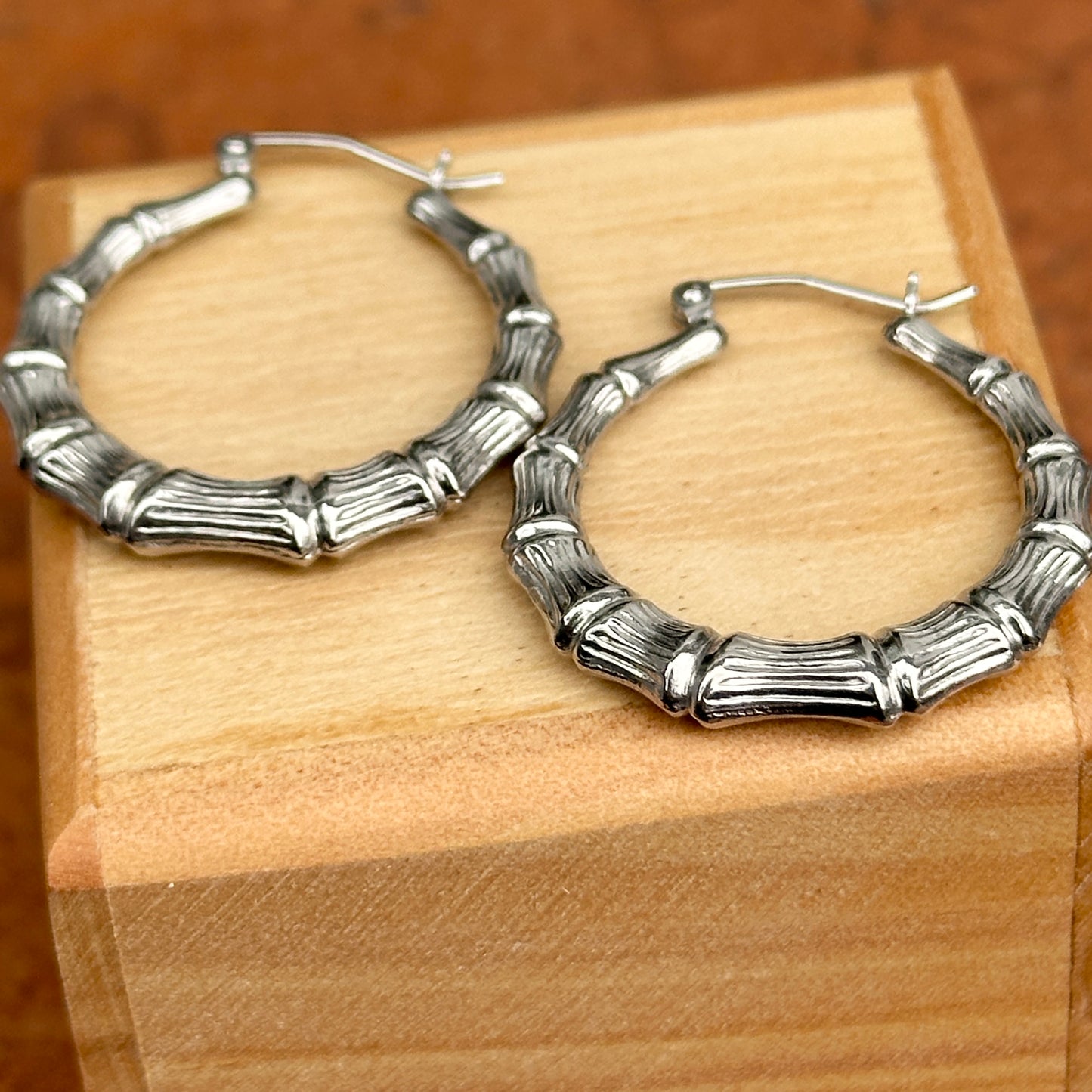 Sterling Silver Bamboo Round Hoop Earrings 27mm