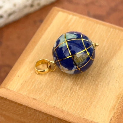 Estate 14KT Yellow Gold Lapis + Pearl 3D Globe Pendant