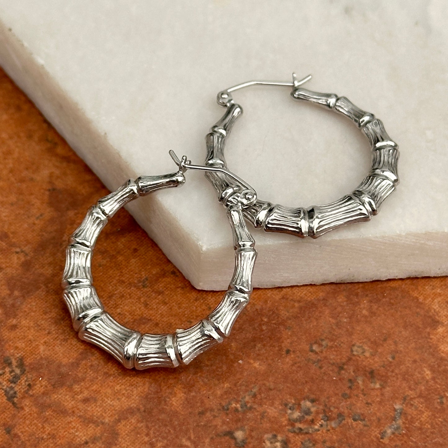 Sterling Silver Bamboo Round Hoop Earrings 27mm