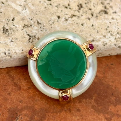 Estate 14KT Yellow Gold Intaglio Mother of Pearl, Green Onyx Pendant Slide