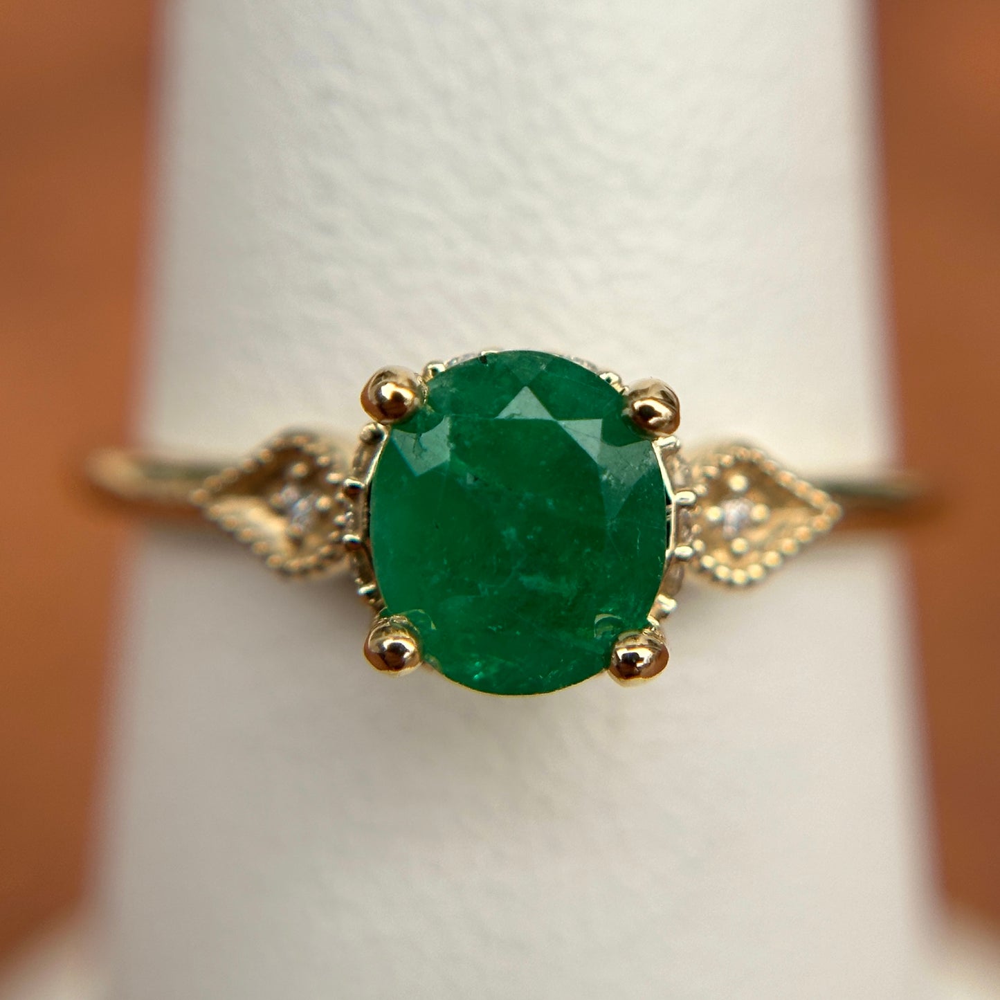 14KT Yellow Gold Oval .69 CT Colombian Emerald + Diamond Accent Ring