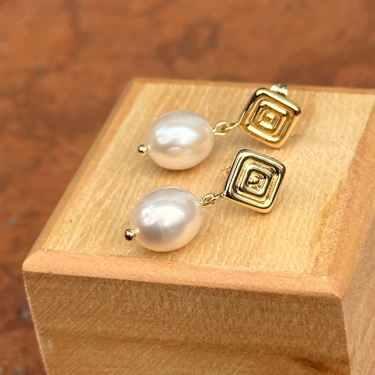 14KT Yellow Gold Ribbed Square Drop Pearl Earrings