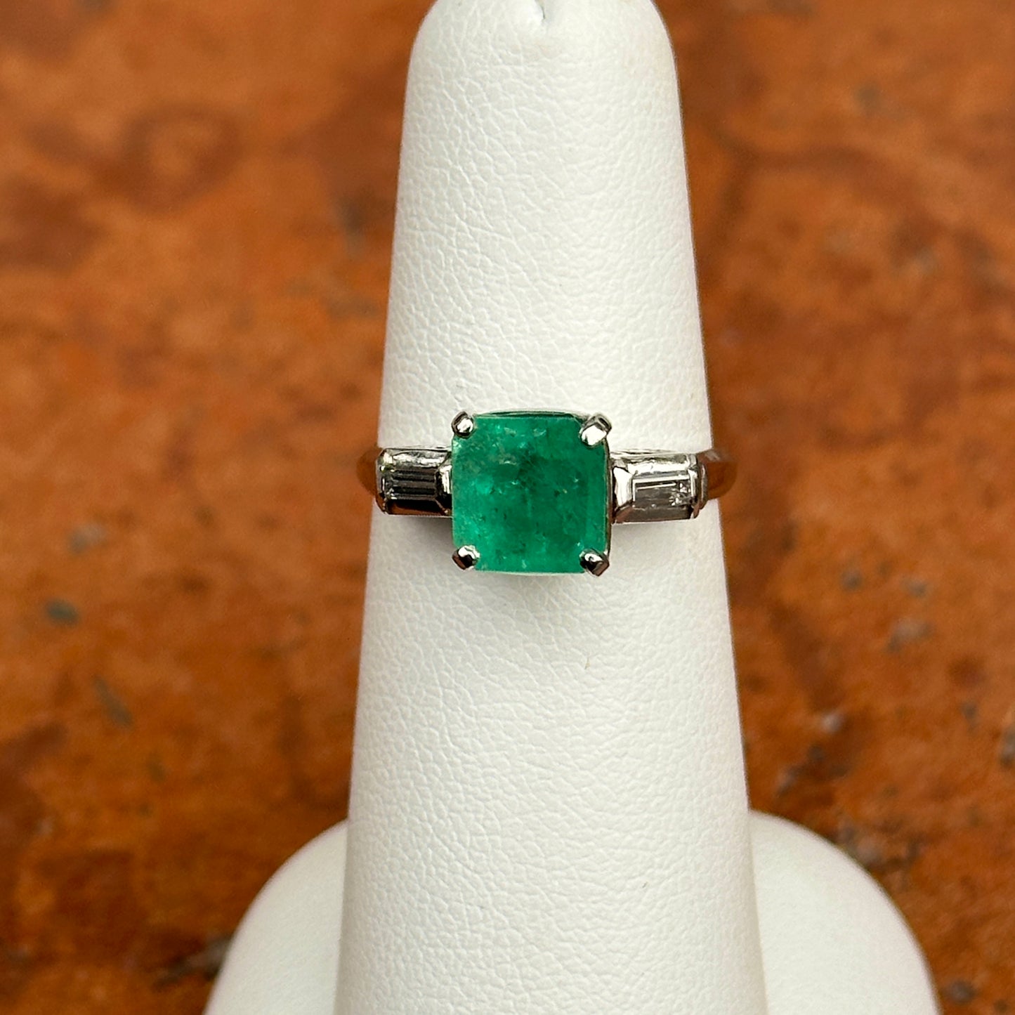 Estate Platinum Princess-Cut 1.56 CT Colombian Emerald + Diamond Ring