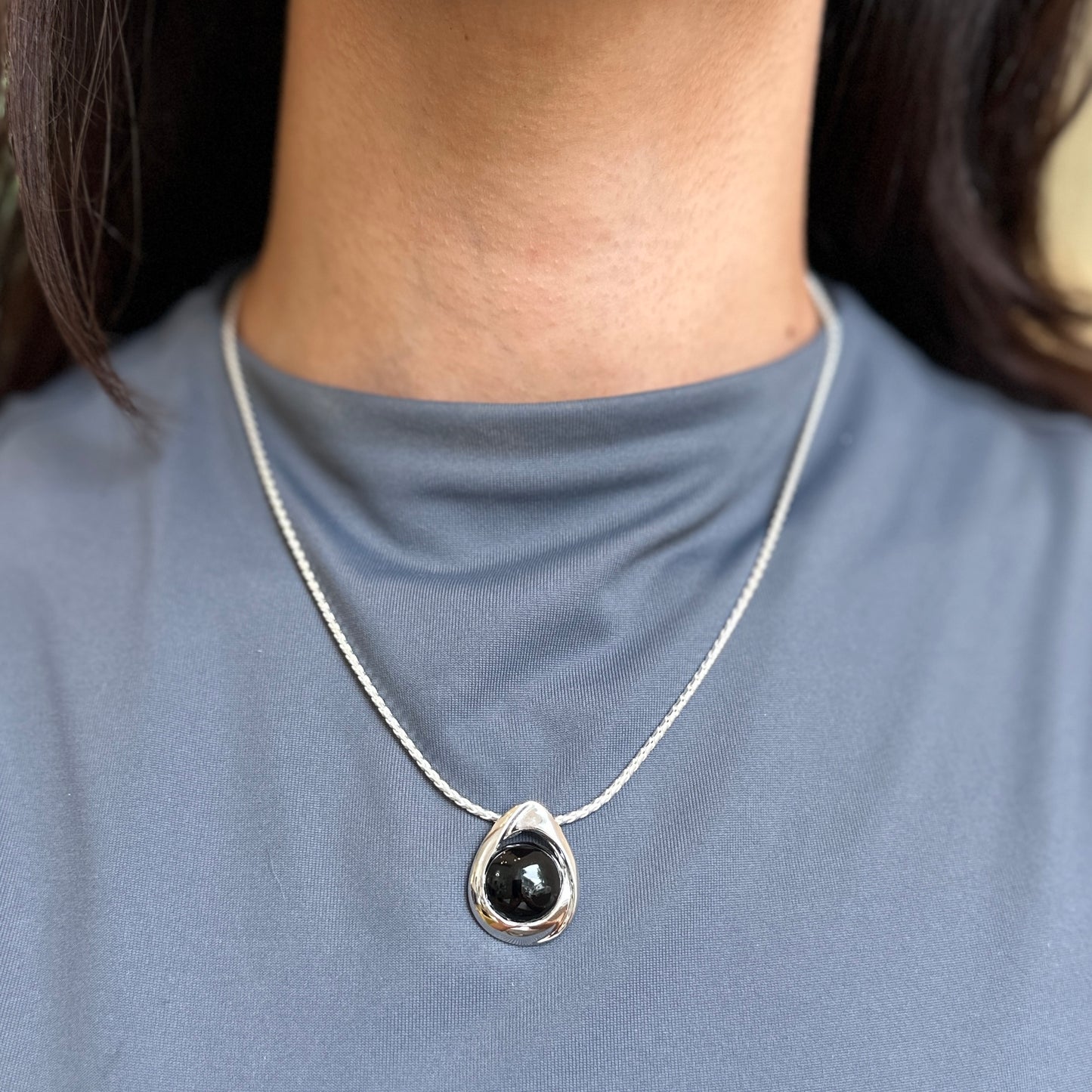 Sterling Silver Round Black Onyx Teardrop Drop Pendant Slide