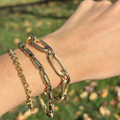 Estate 14KT Yellow Gold Matte Oval + Shiny Large Links Chain Bracelet