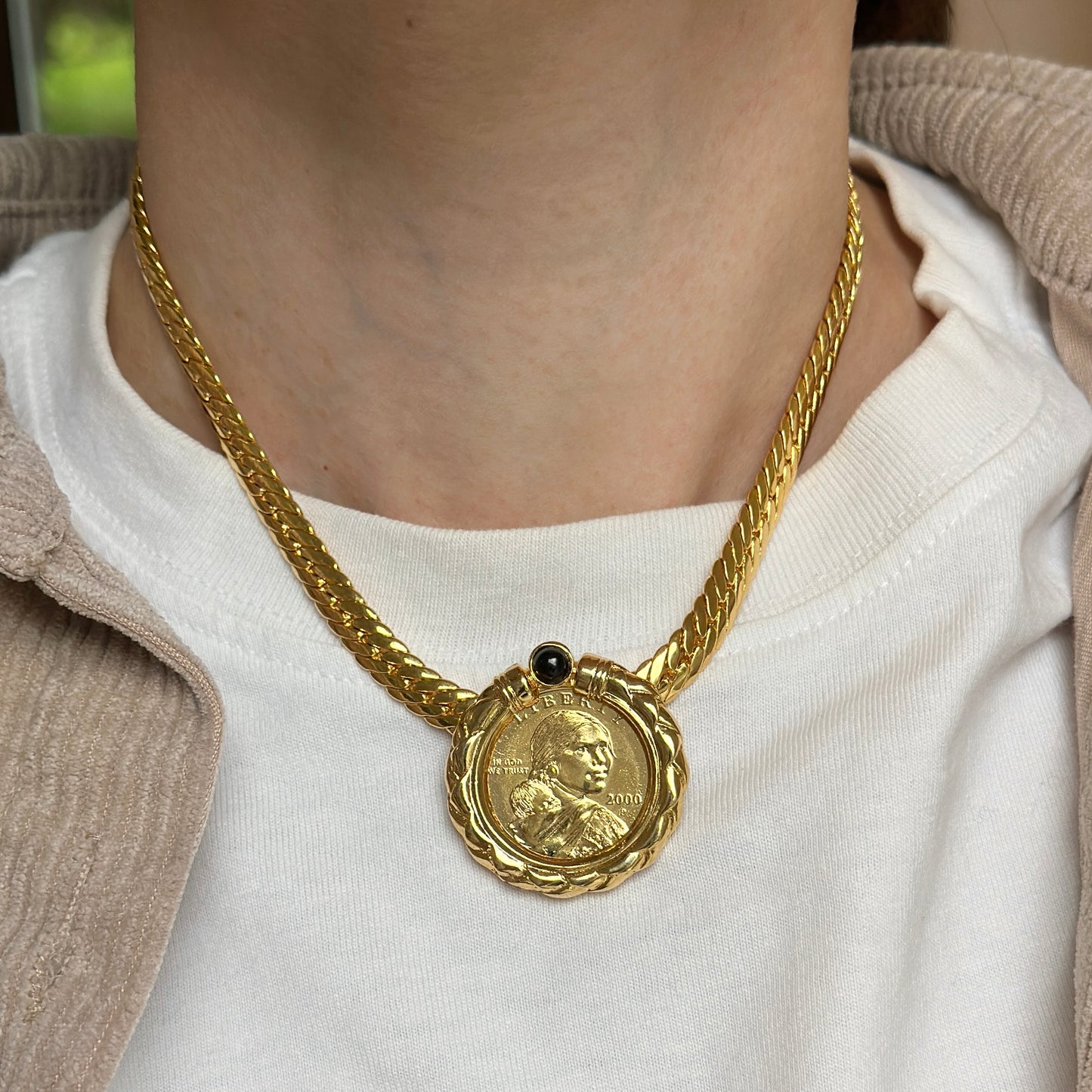Estate Gold-Plated 2000 Sacagawea Golden Dollar + Onyx Necklace