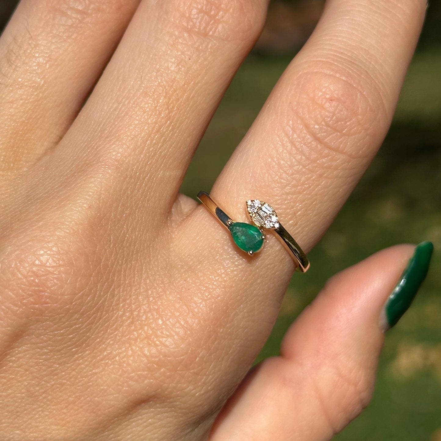 14KT Yellow Gold Pear Emerald + Baguette Diamond Bypass Ring