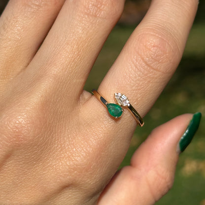 14KT Yellow Gold Pear Emerald + Baguette Diamond Bypass Ring
