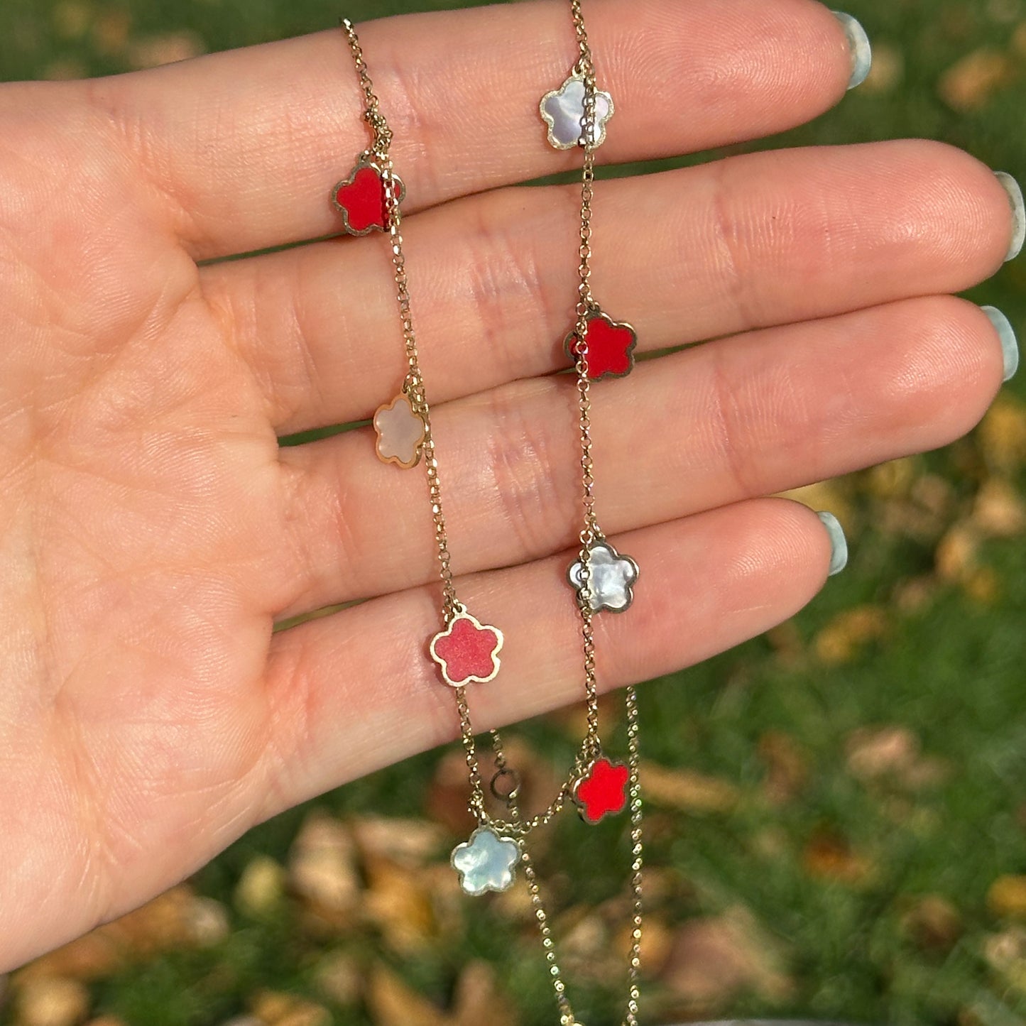 14KT Yellow Gold Red Enamel + Mother of Pearl 7mm Flower Station Necklace