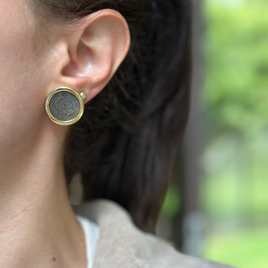 Estate Gold-Tone Bezel Faux Coin Stud Earrings