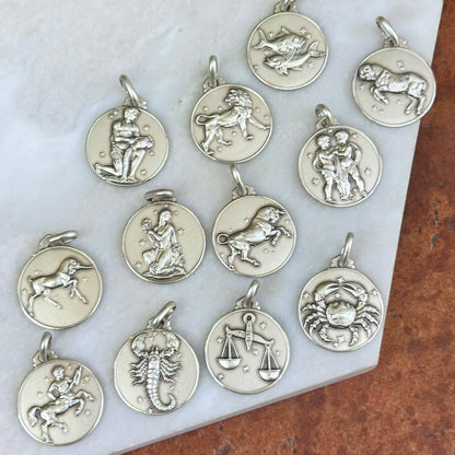 Sterling Silver Zodiac Sign Antiqued Round Medal Pendant 16mm