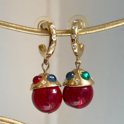 Gold-Tone Red Beads + Cabochon Stones C-Shape Hoop Earrings