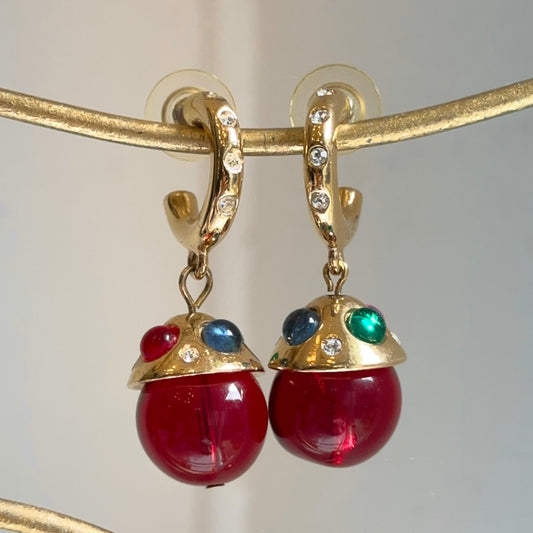 Gold-Tone Red Beads + Cabochon Stones C-Shape Hoop Earrings