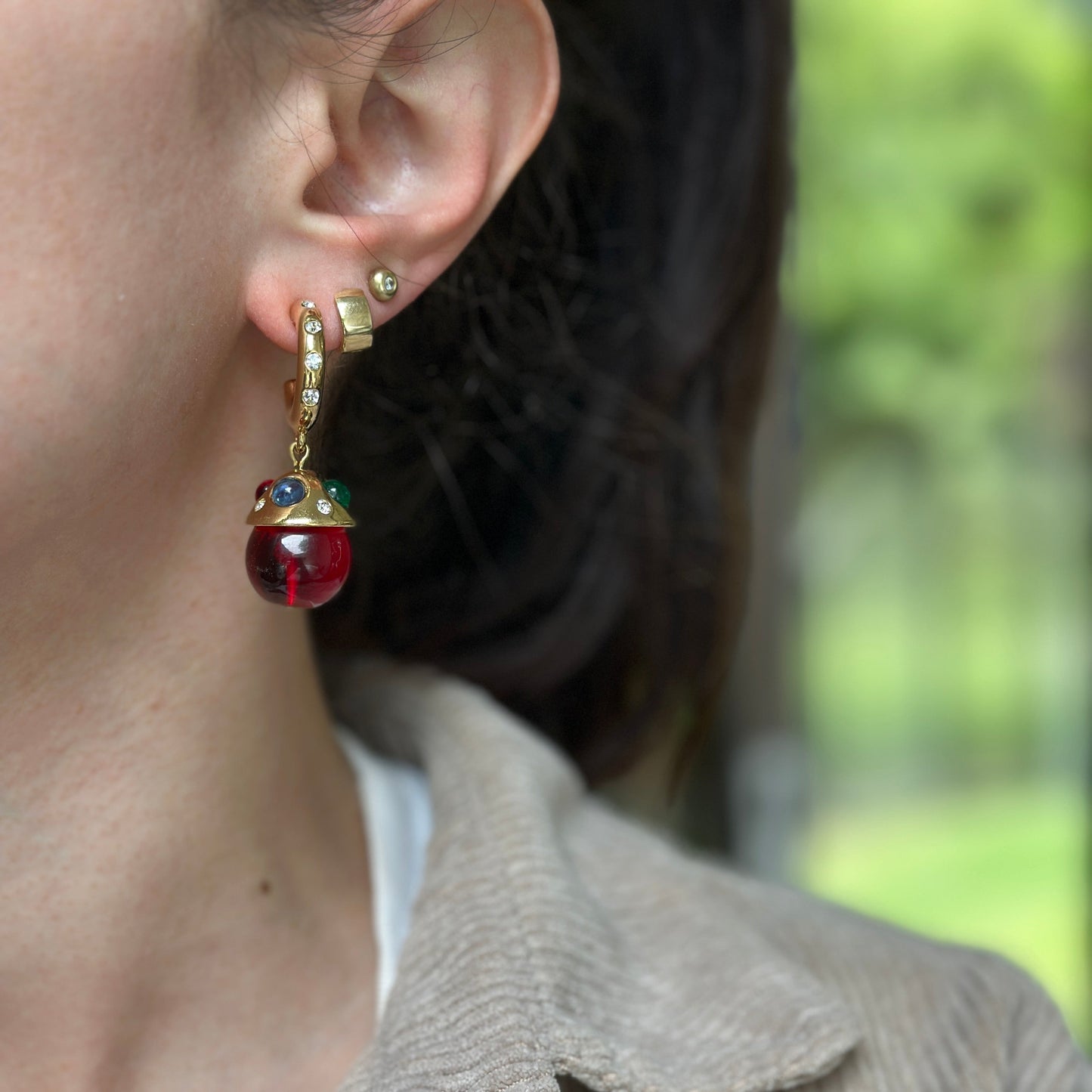 Gold-Tone Red Beads + Cabochon Stones C-Shape Hoop Earrings